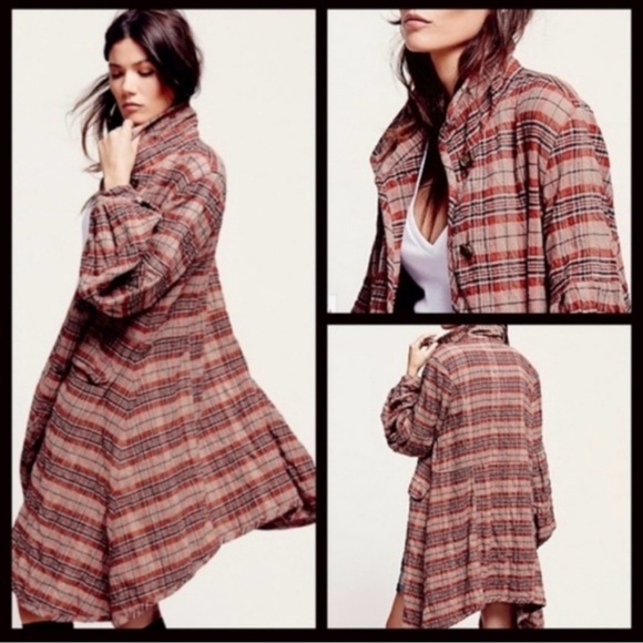 Free People Victorian Red Brown Plaid Jacket XS - Picture 4 of 9